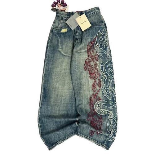 Y2K American New Pattern Embroidery Blacks Baggy Jean Boys