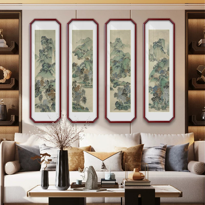 四条屏中式客厅沙发背景墙装饰茶室挂画梅兰竹菊山水国画花鸟壁画