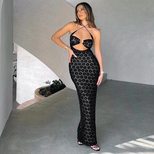 Women Halter Neck Long Dress Sheer Cutout Backless Bodycon