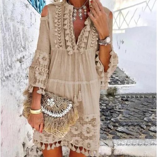 New Spring Embroidery Crochet Lace Bohemian Dress Women