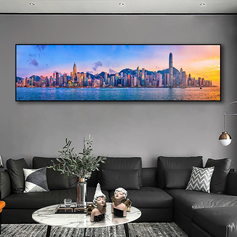 城市建筑风景餐厅装饰画香港维多利亚港客厅夜景画港式办公室挂画