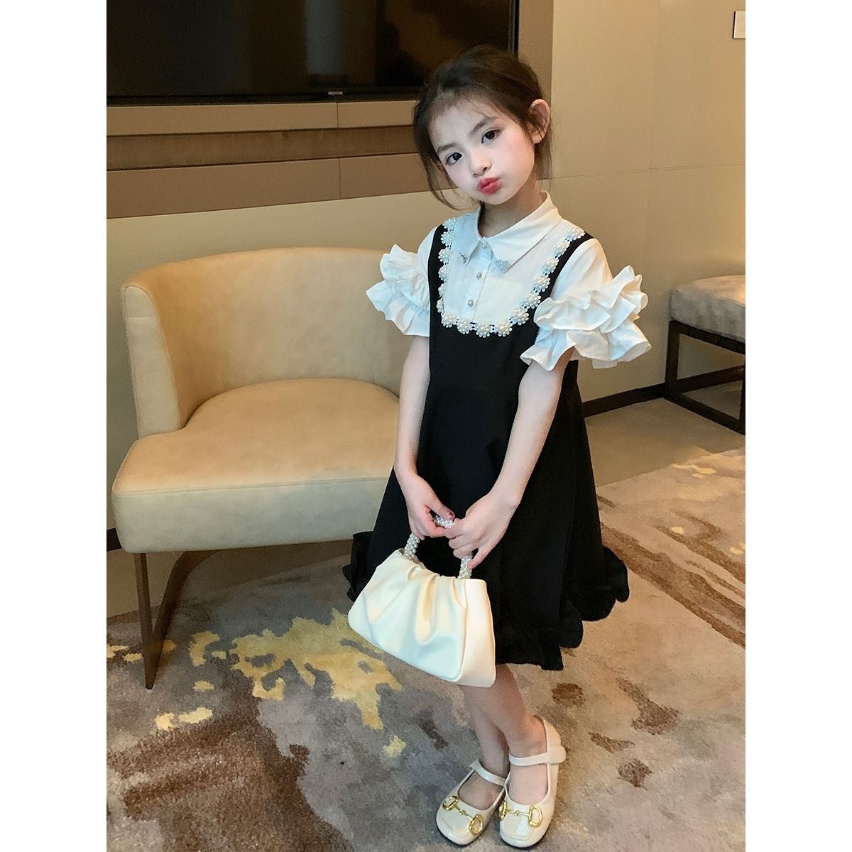 女童连衣裙2023新款衬衫领花瓣袖童装假两件气质名媛风裙子公主裙