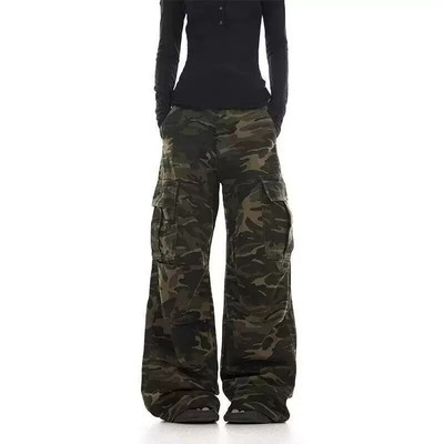 American retro washed design camouflage work pants for men