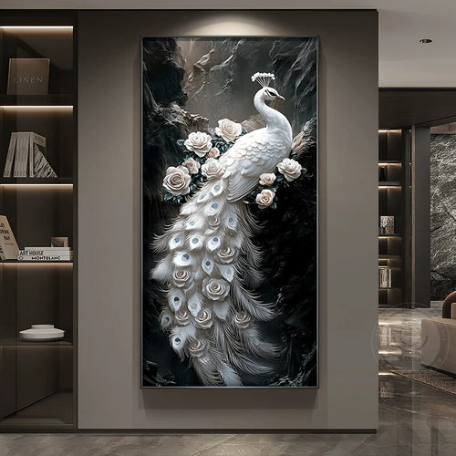 孔雀挂画轻奢高级感玄关装饰画大气入户正对门画高档走廊过道挂画