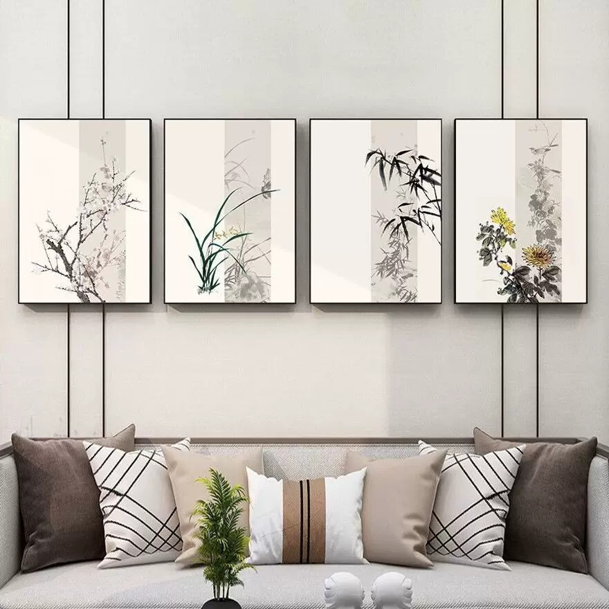 梅兰竹菊挂画新中式项圣谟客厅沙发背景墙装饰画茶室书房餐厅壁画