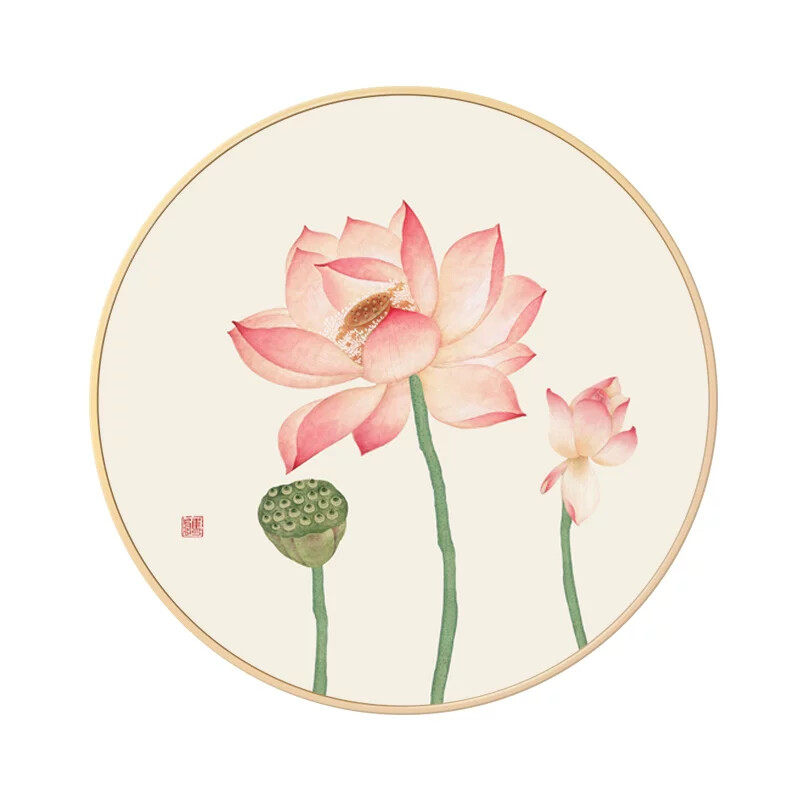 荷花图新中式客厅装饰画原木风圆形莲花走廊餐厅玄关卧室国画挂画