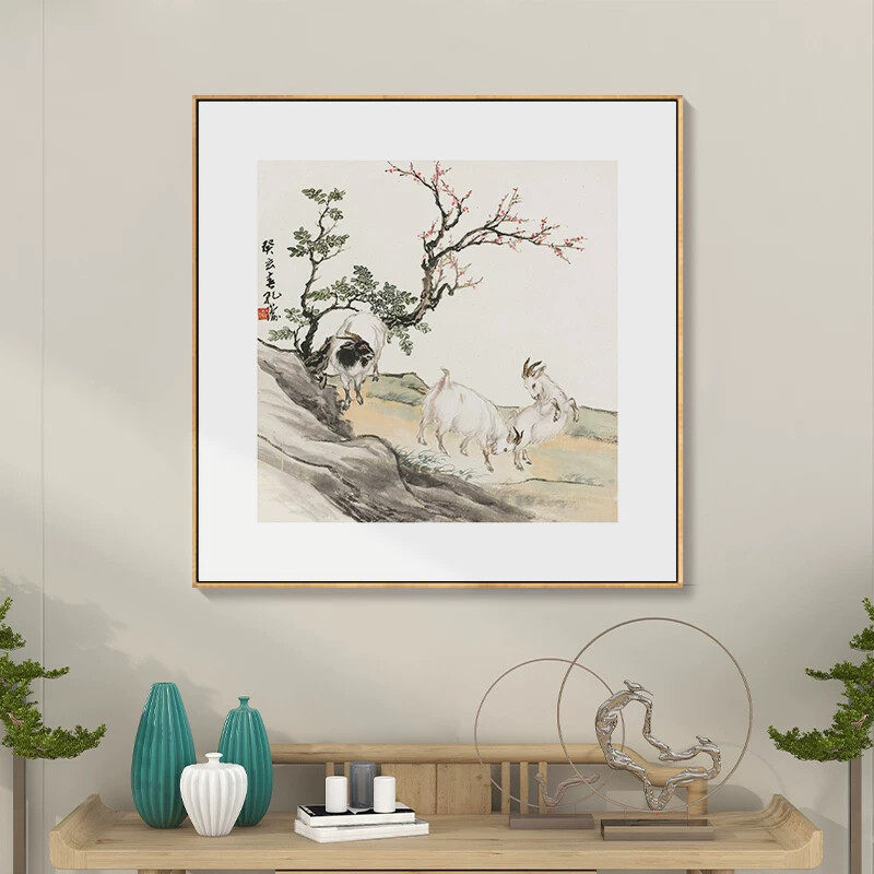 三阳开泰入户玄关装饰画三羊开泰图斗方风水画新中式客厅茶室挂画