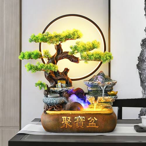 聚宝盆开业礼物店铺前台风水轮装饰办公室桌面招财流水摆件循环水