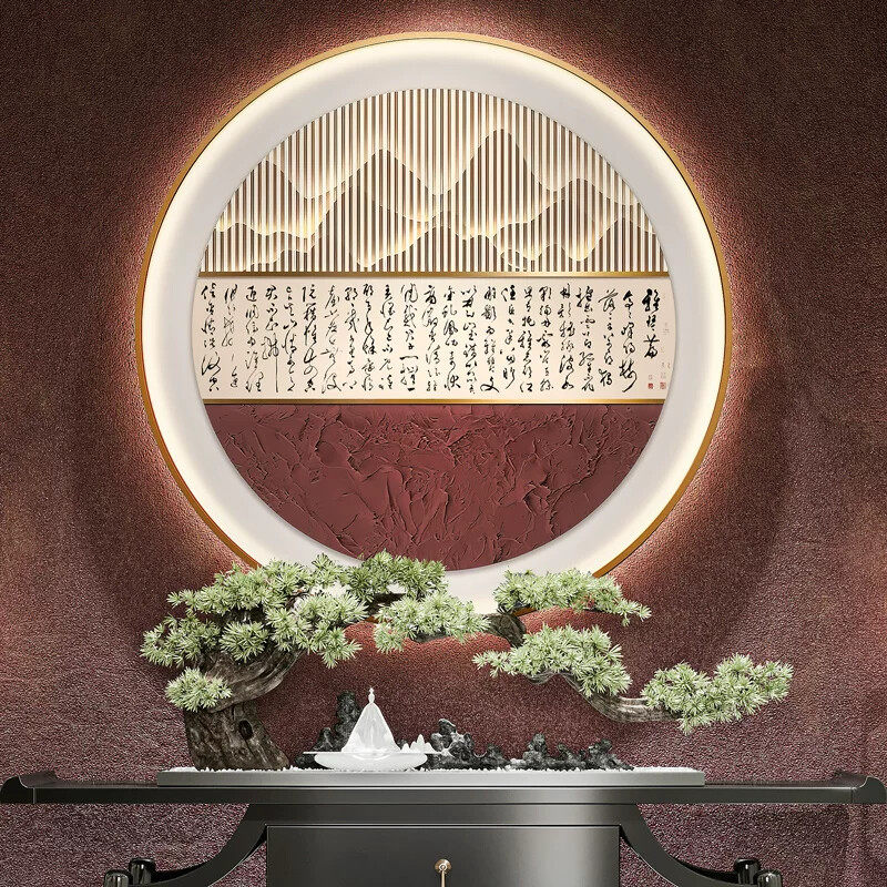 新中式圆形玄关走廊过道装饰画风景浮雕灯光画客厅沙发背景墙挂画