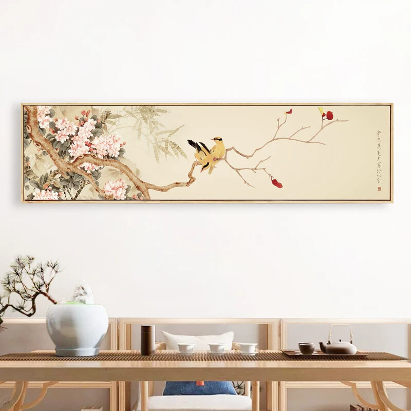 凸凹映画工笔花鸟画新中式客厅装饰画床头画样板房茶室横长形壁画