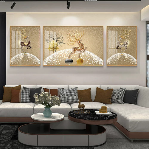 晶瓷画轻奢客厅装饰画沙发背景墙三联画现代简约饭厅壁画麋鹿挂画