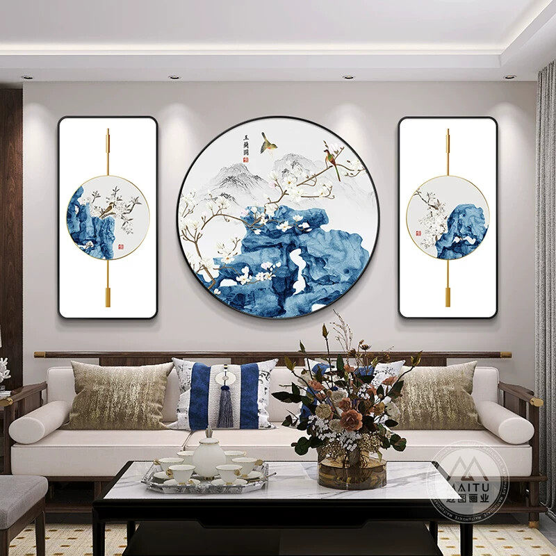 新中式客厅沙发背景墙装饰画饭厅茶室挂画中国风花鸟图壁画三联画