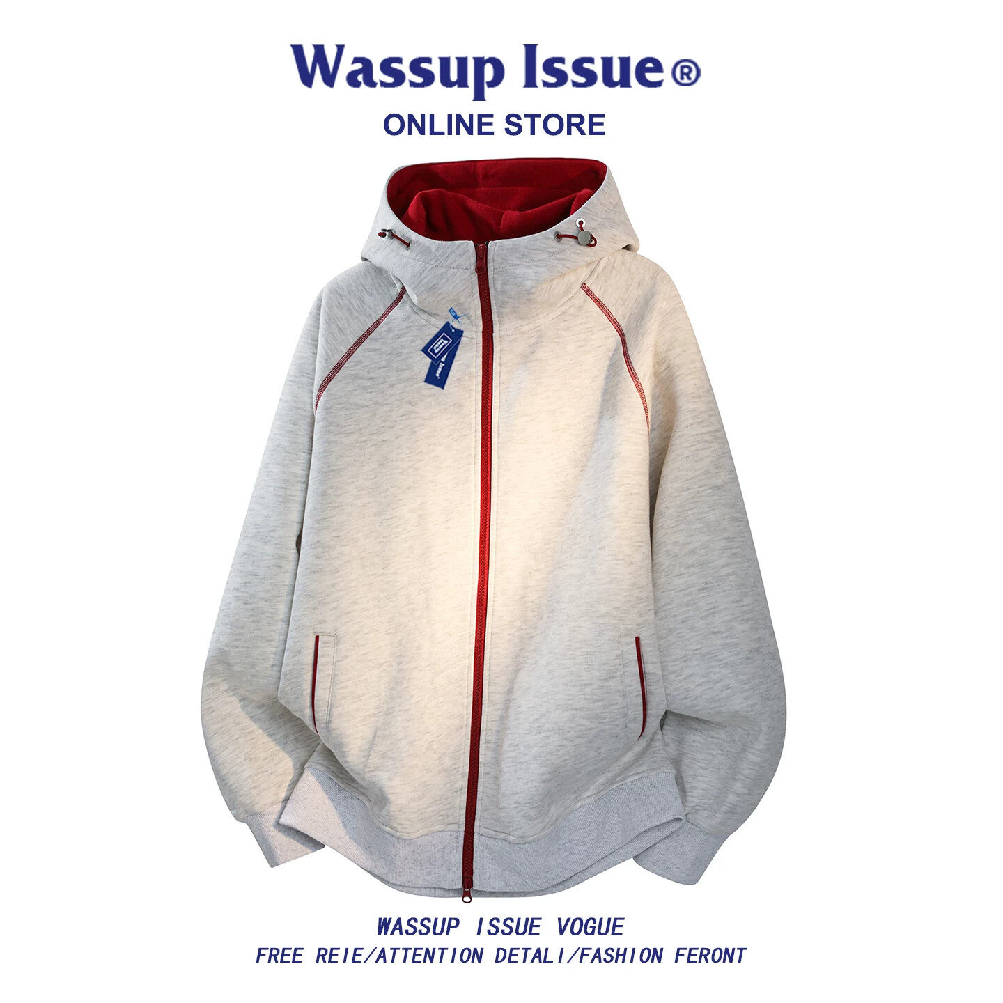 WASSUP ISSUE美式拉链开衫卫衣男款春秋2026新款宽松情侣连帽外套
