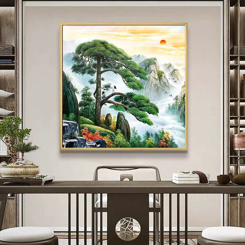 壁画松树绿水青山山水迎客松客厅装饰画挂画办公室中式风景画玄关