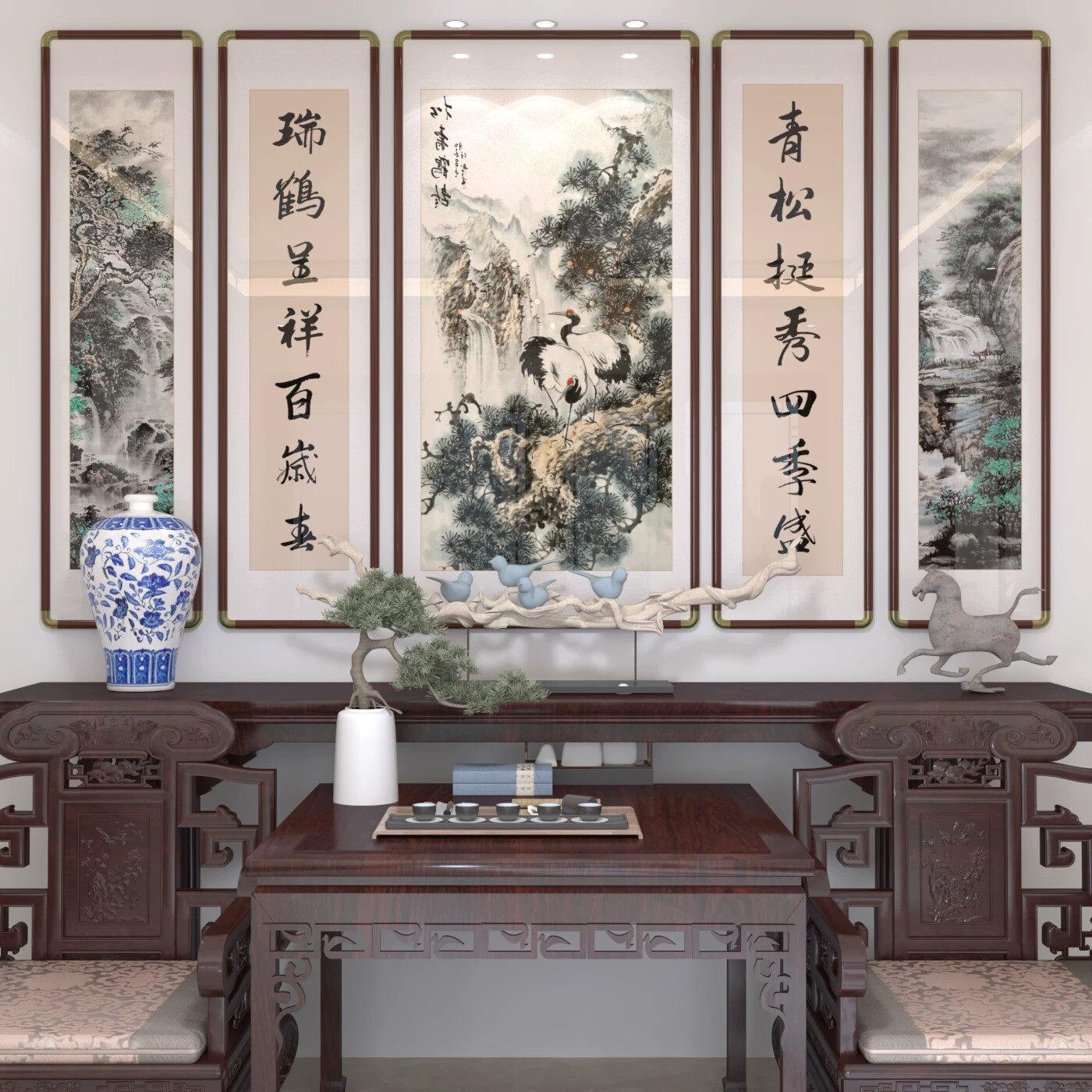 五联中堂画 别墅客厅大气 农村自建房 堂屋山水装饰画 祖祠堂挂画
