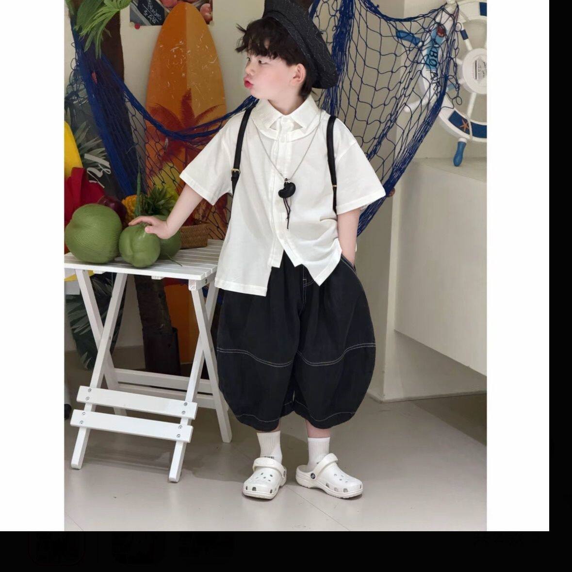 男童夏装2026韩版潮酷范短袖衬衫上衣酷帅中小童五分牛仔短裤套装