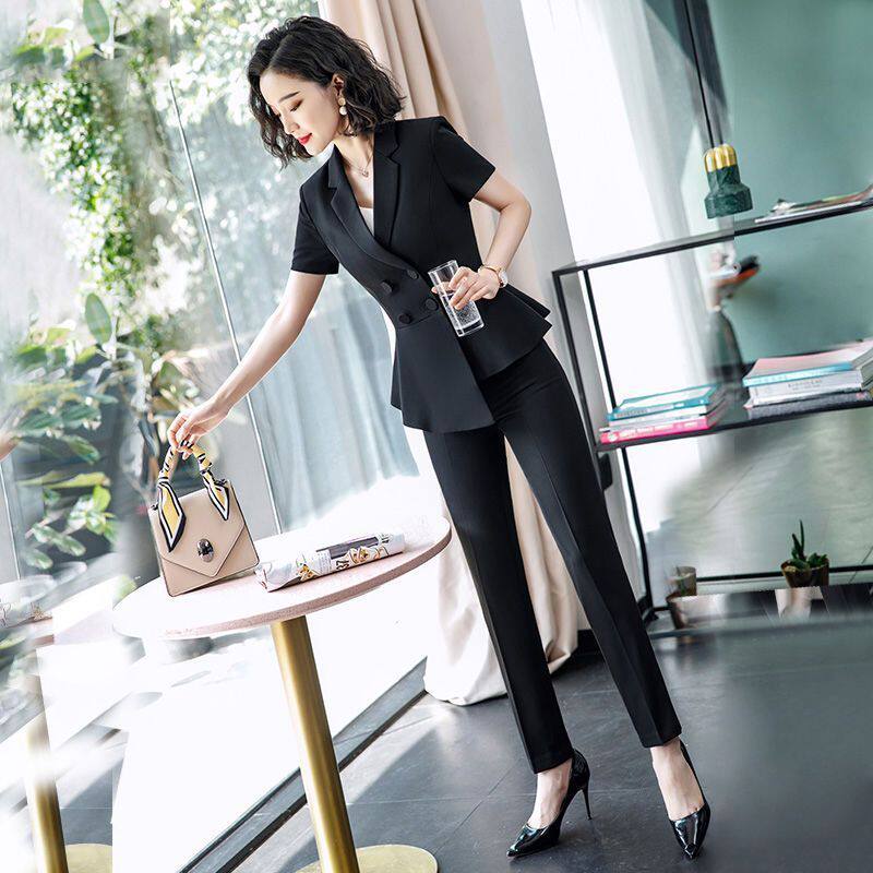 短袖黑色西装套装女夏季薄款职业装气质前台正装酒店美容院工作服