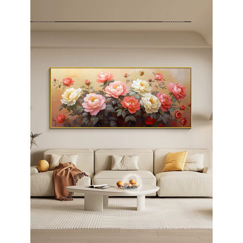 花开富贵装饰画新中式客厅大白墙挂画高级感大厅中堂画牡丹花壁画