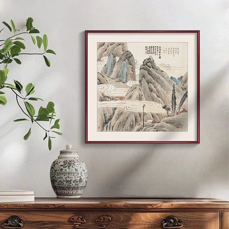 新中式玄关入户正对门壁画餐厅的装饰画齐白石复古挂画山水国画框
