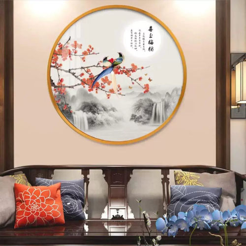 中式圆形玄关装饰画喜上眉梢客厅茶室花鸟挂画喜鹊卧室床头墙壁画
