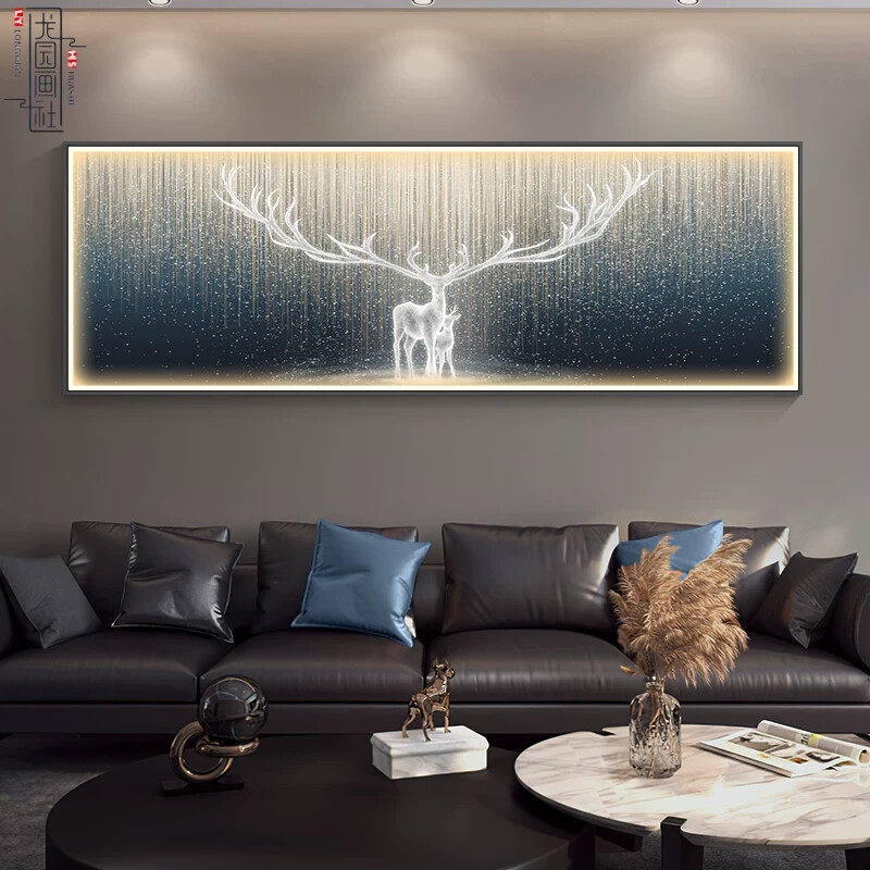 现代轻奢客厅装饰画灯画简约沙发背景墙横版壁画麋鹿卧室床头挂画