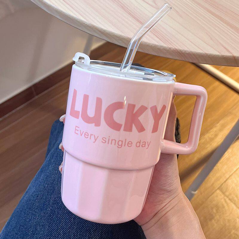 吸管杯子清新陶瓷水杯马克杯带盖情侣家用男女牛奶咖啡杯果汁