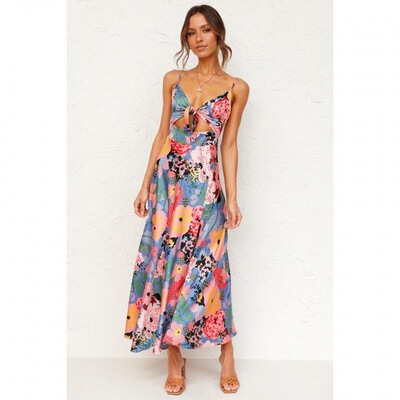 Women Spaghetti Strap Midi Satin Dresses Tie Front Backless