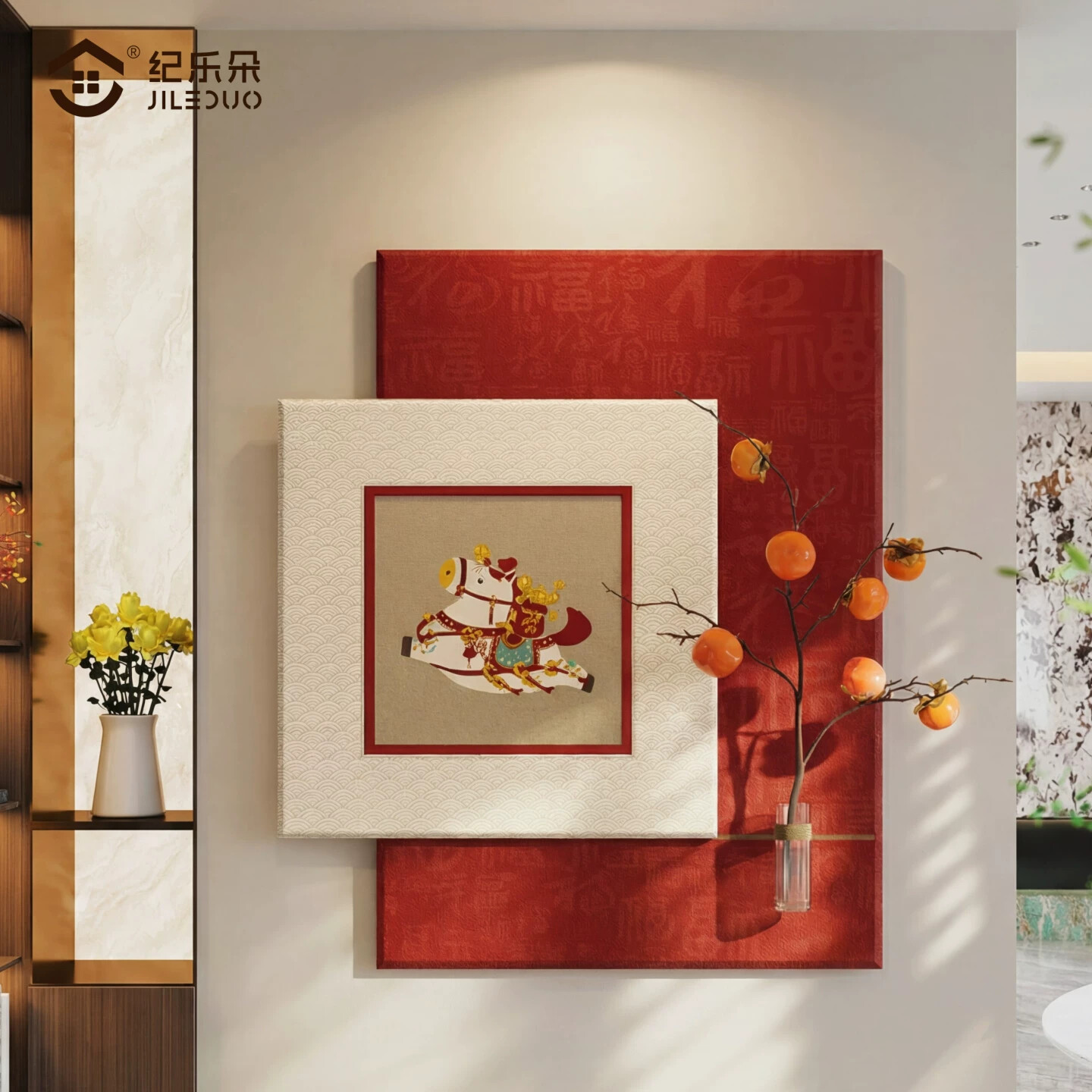 马到成功玄关装饰画高级感2026新年款好寓意挂画立体叠加砂岩壁画