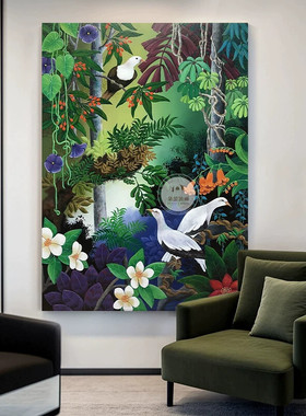 森林风景绿植花卉手绘油画客厅玄关绿色装饰画热带雨林鸽子挂壁画