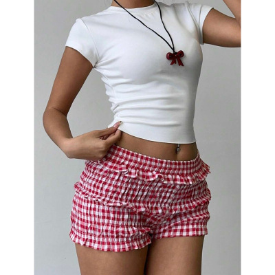 B 66740 Plaid smocked women's shorts 格子打揽女士短裤