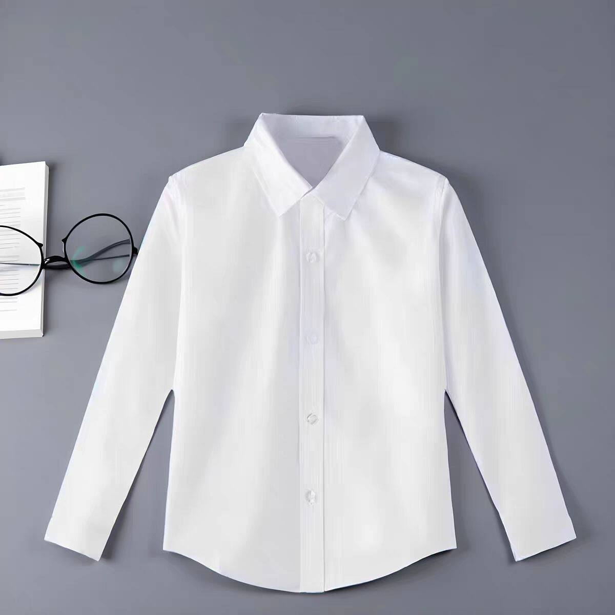 儿童纯白衬衫长袖加绒男女同款加棉短袖白色衬衣小学生校服演出服