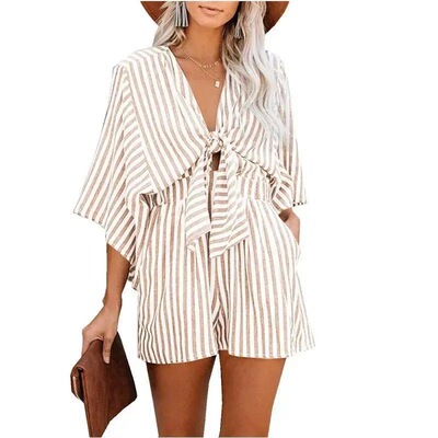 Womens Striped Print Knot Front Romper Casual Batwing