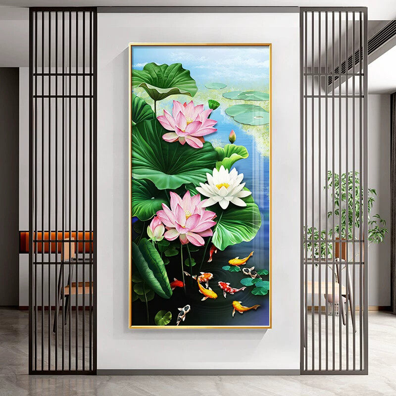 荷花鲤鱼图九鱼图玄关装饰画新中式入户走廊过道挂画喷绘壁画