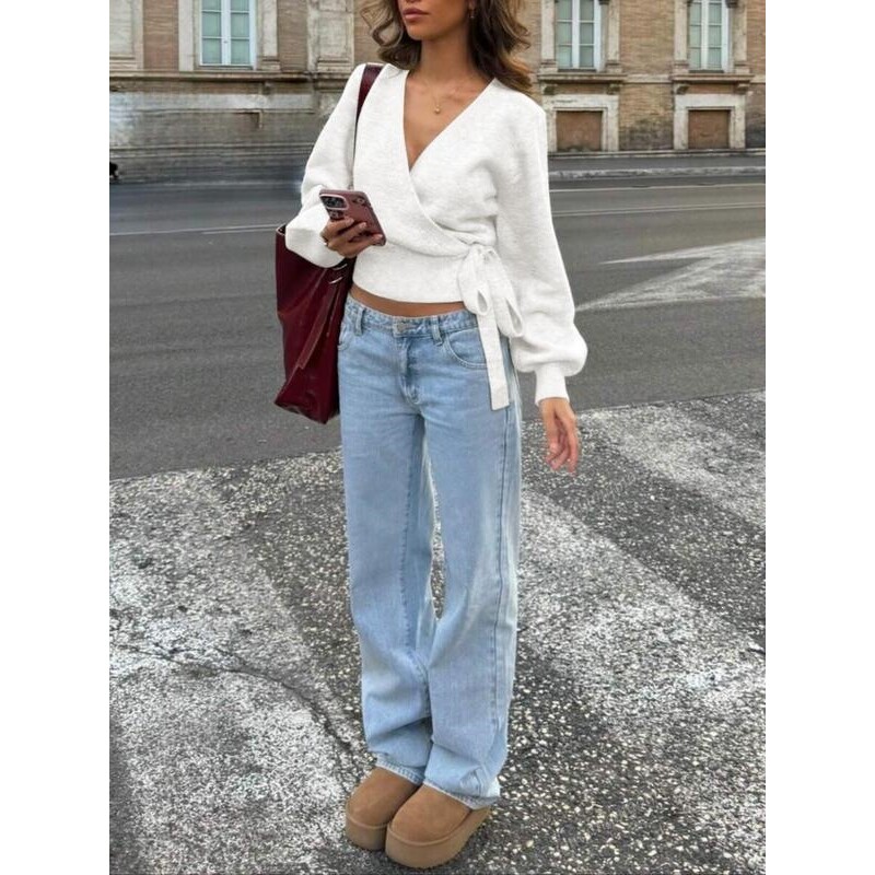 Womens VNeck Knitted Sweater Wrap Dress Autumn Winter Home - 实物图