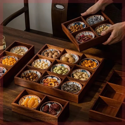 复古色九宫格家用木质托盘四宫格零食干果盘高档茶室会所点心拼盘
