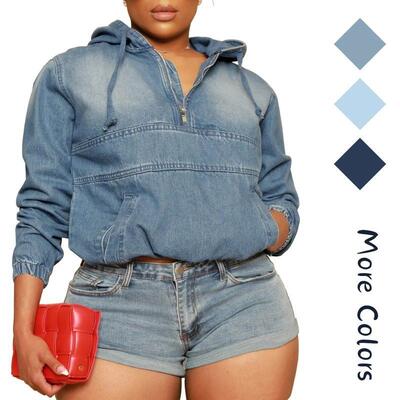 Womens Plus Size Half Zip Up Denim Hoodie Casual Jean