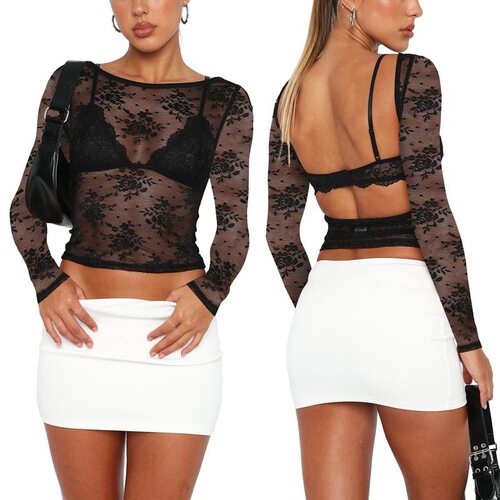 Womens Summer Sheer Crop Tops Long Sleeve Open Back Lace