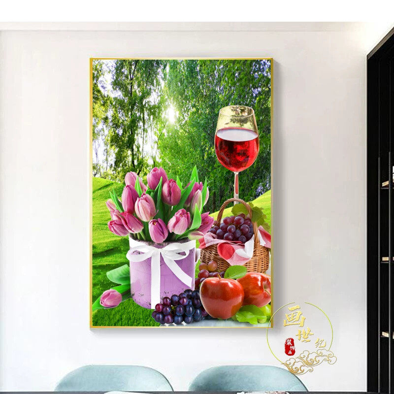 餐厅装饰画酒店包间挂画水果酒杯墙壁画现代简约晶瓷镶钻单幅竖画