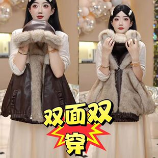 女童冬季双面穿皮衣外套2025新款时尚草草加厚连帽派克服爆款东装