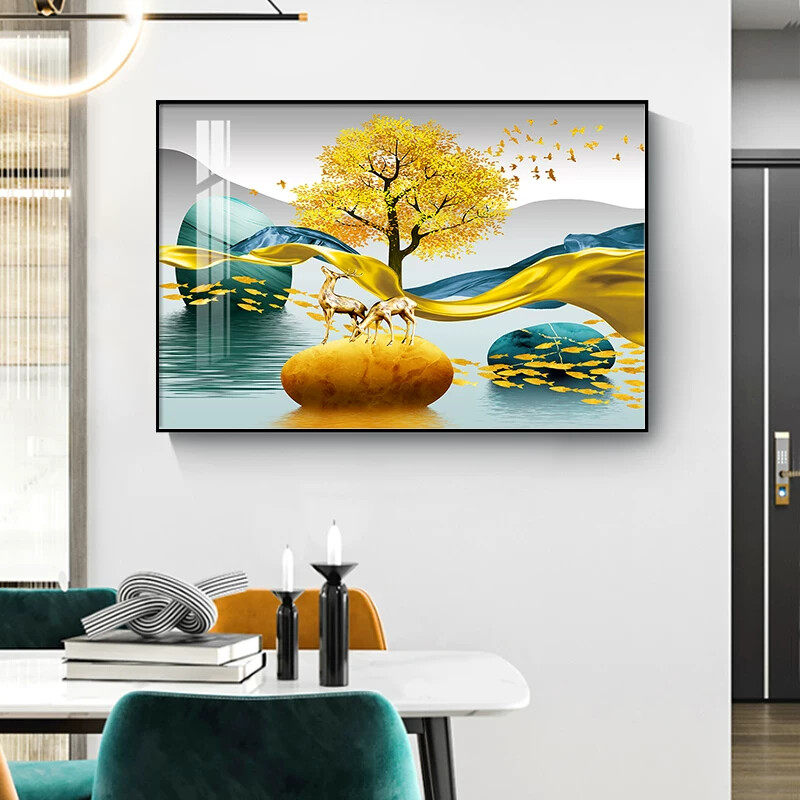 现代简约客厅装饰画餐厅背景墙招财鹿挂画单个玄关横版餐桌上壁画