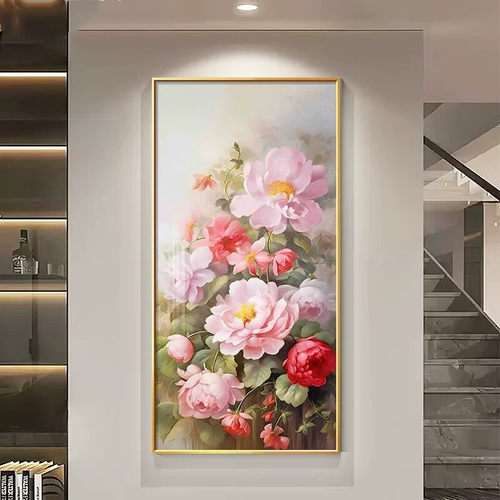 牡丹花挂画花开富贵入户玄关装饰画走廊过道轻奢油画客厅高端壁画