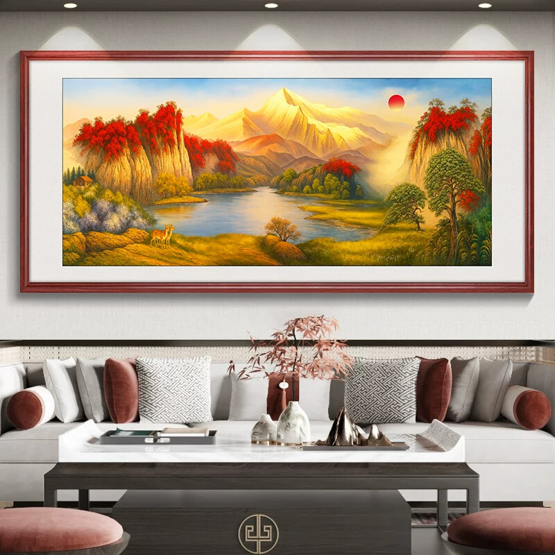 日照金山浮雕新中式客厅装饰画办公室山水画靠山图沙发背景墙挂画
