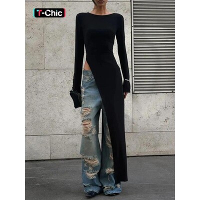 Womens Plain Asymmetrical Split Hem Longline Top Elegant