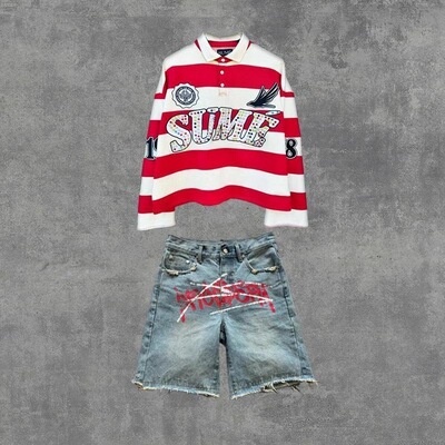 2 Pcs Shirts Coords Sume Rugby Embroidery Stripe Polo Shirt