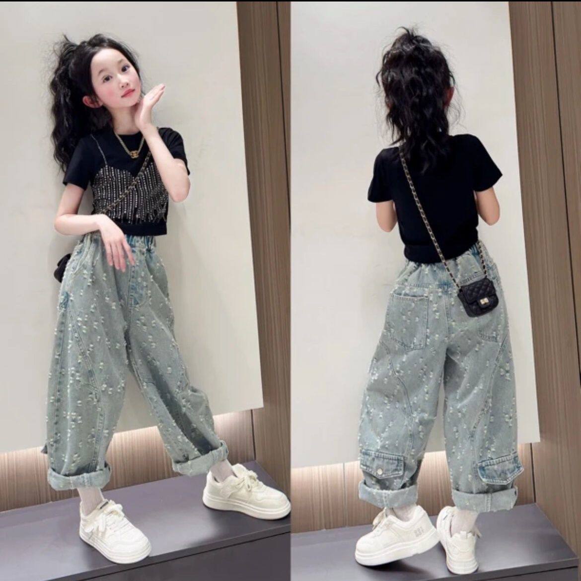 女童夏季套装2025新款女大童时髦短袖个性牛仔裤时髦炸街两件套潮