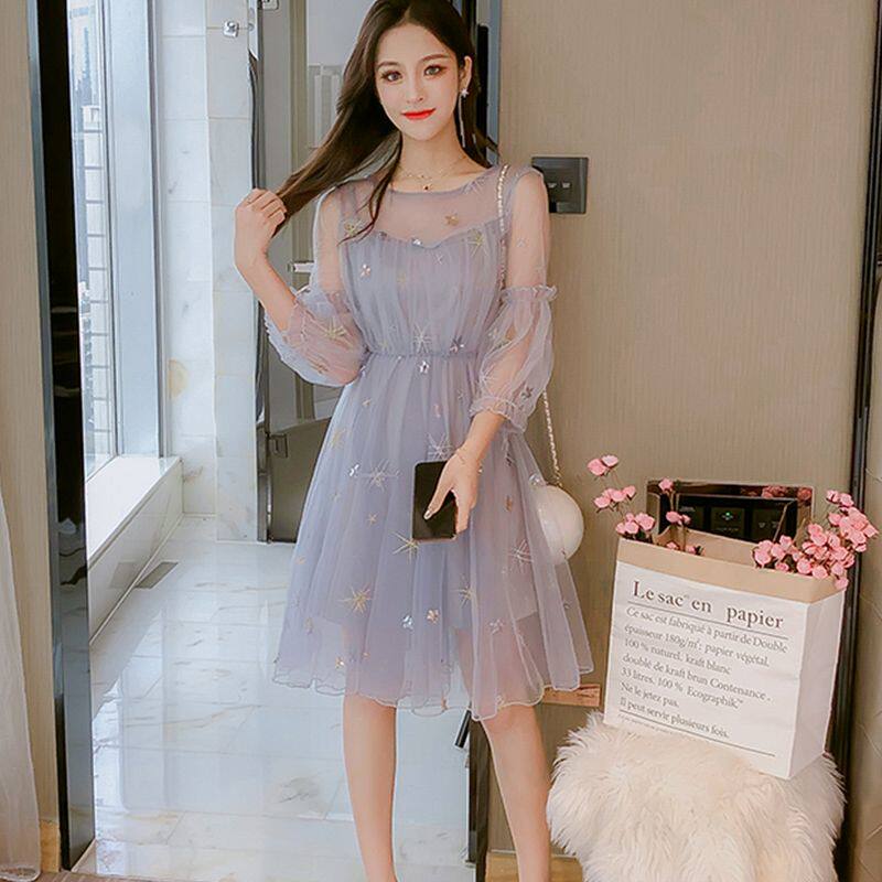 2021新款星星刺绣收腰灯笼袖网纱连衣裙+吊带裙两件套裙子女装