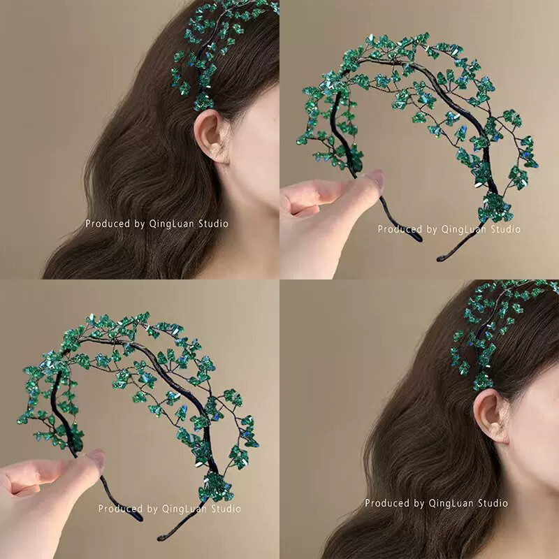 韩系甜美绿色水晶发箍森系超仙绝美清新复古精致编织串珠小众