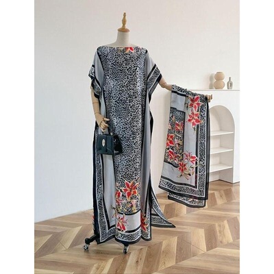 Womens Leopard Print Long Sleeve Kimono Scarf Set Elegant