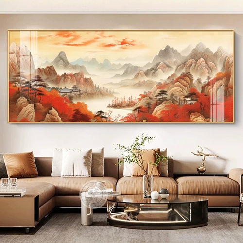 鸿运当头山水画客厅东墙挂画办公室沙发背景墙装饰画背有靠山壁画