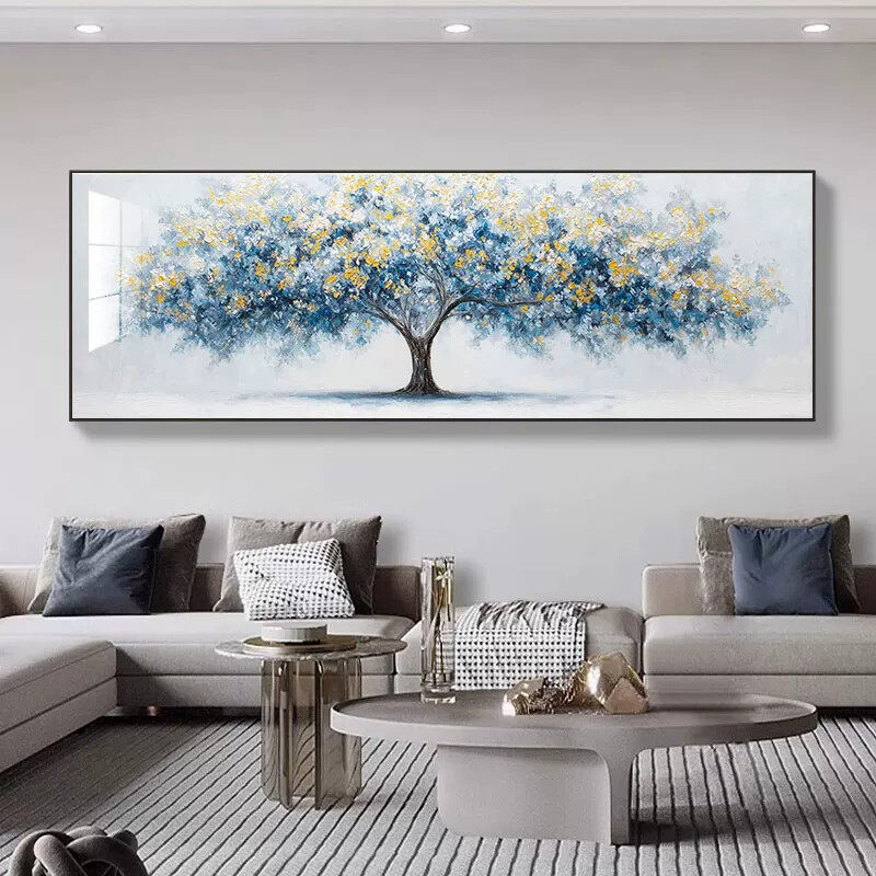 现代简约客厅装饰画发财树油画风沙发背景墙挂画壁画新款晶瓷镶钻